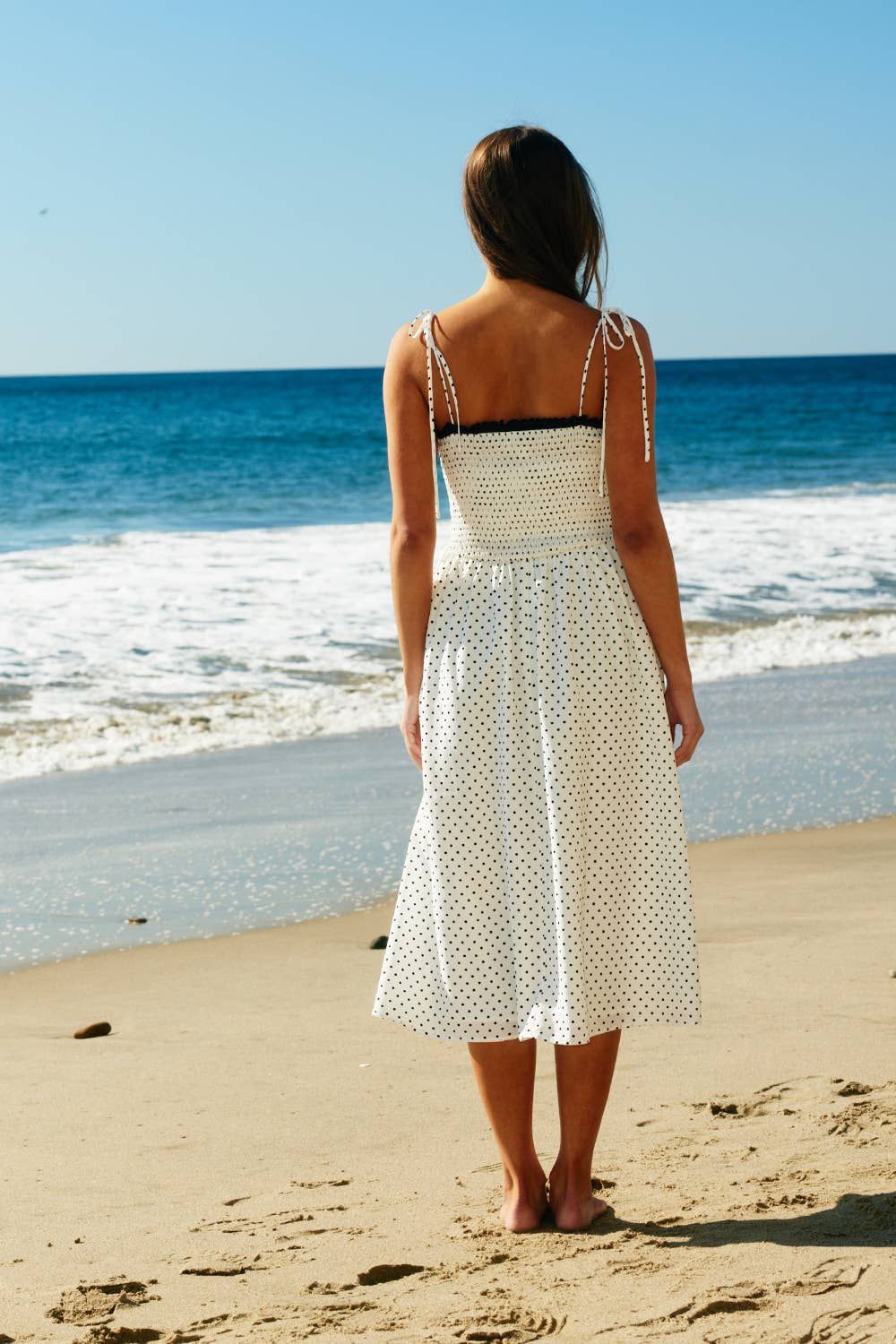 Smoked Bodice Polka Dot Print Midi Dress