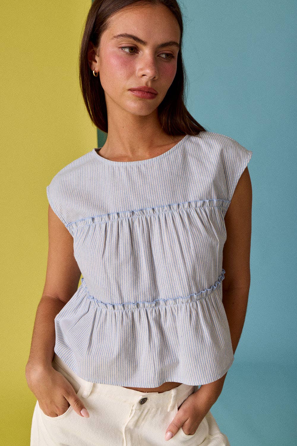 Tiered Seam Stripe Sleeveless Top