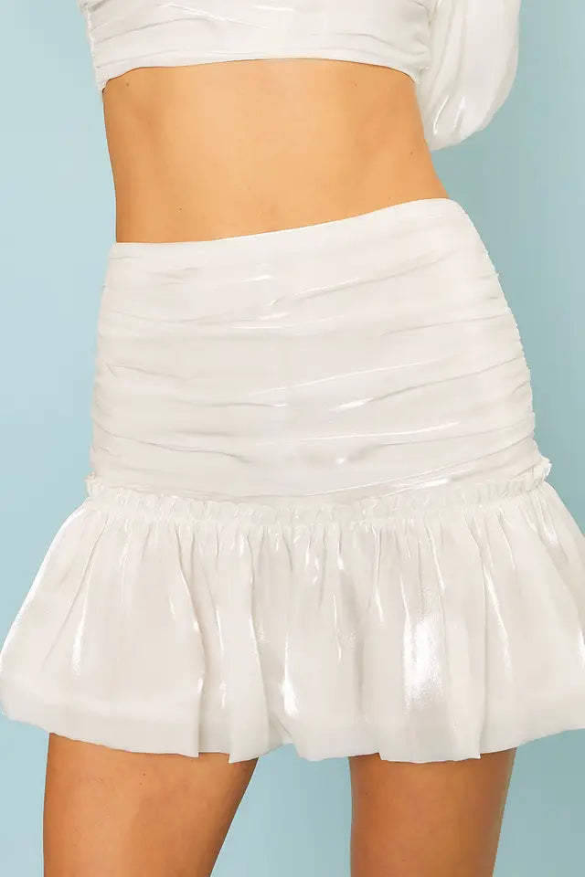 Smoking Pleat Ruffle Shiny Mini Skirt