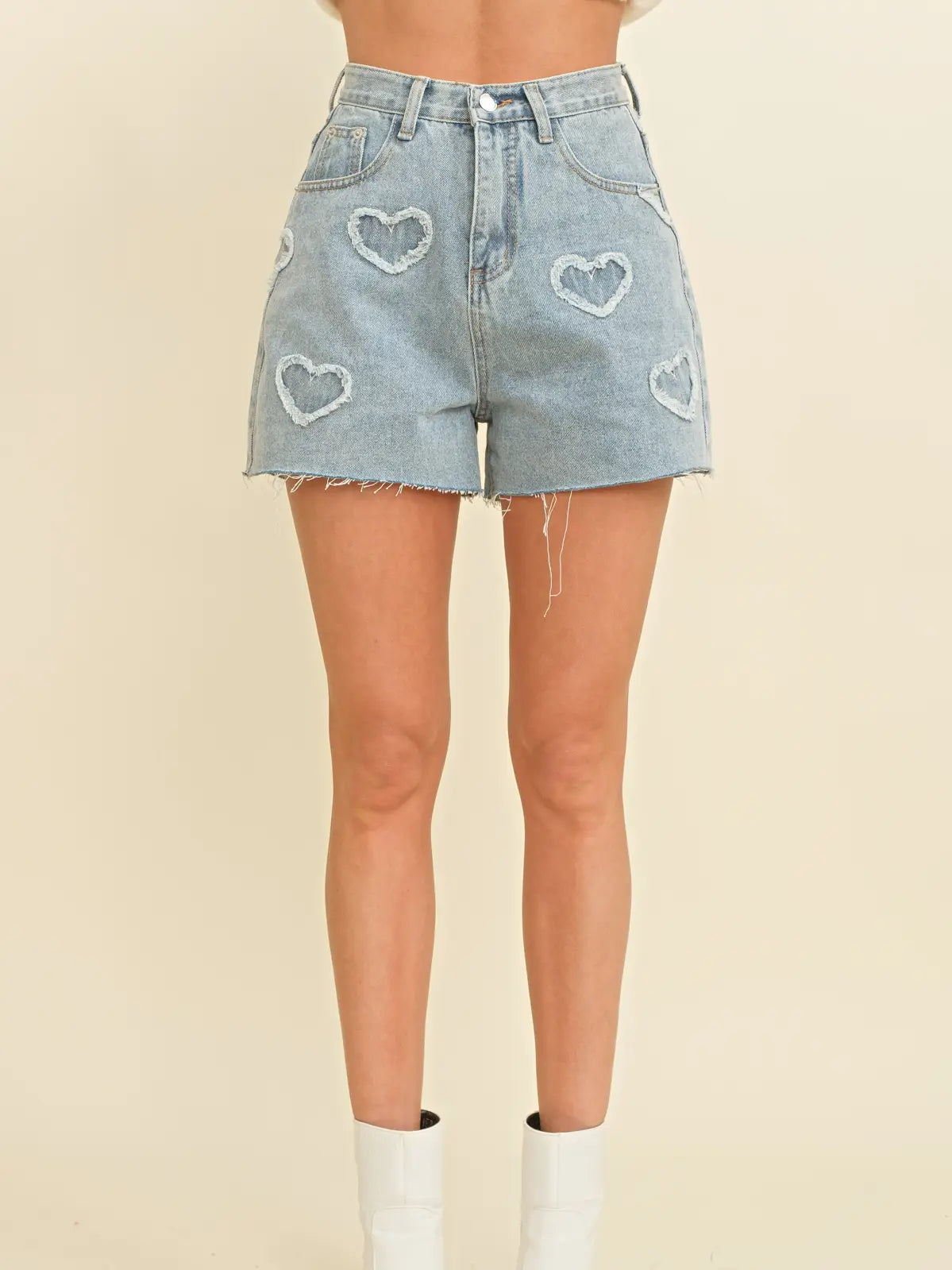 Heart Embroidered Frayed Denim Shorts