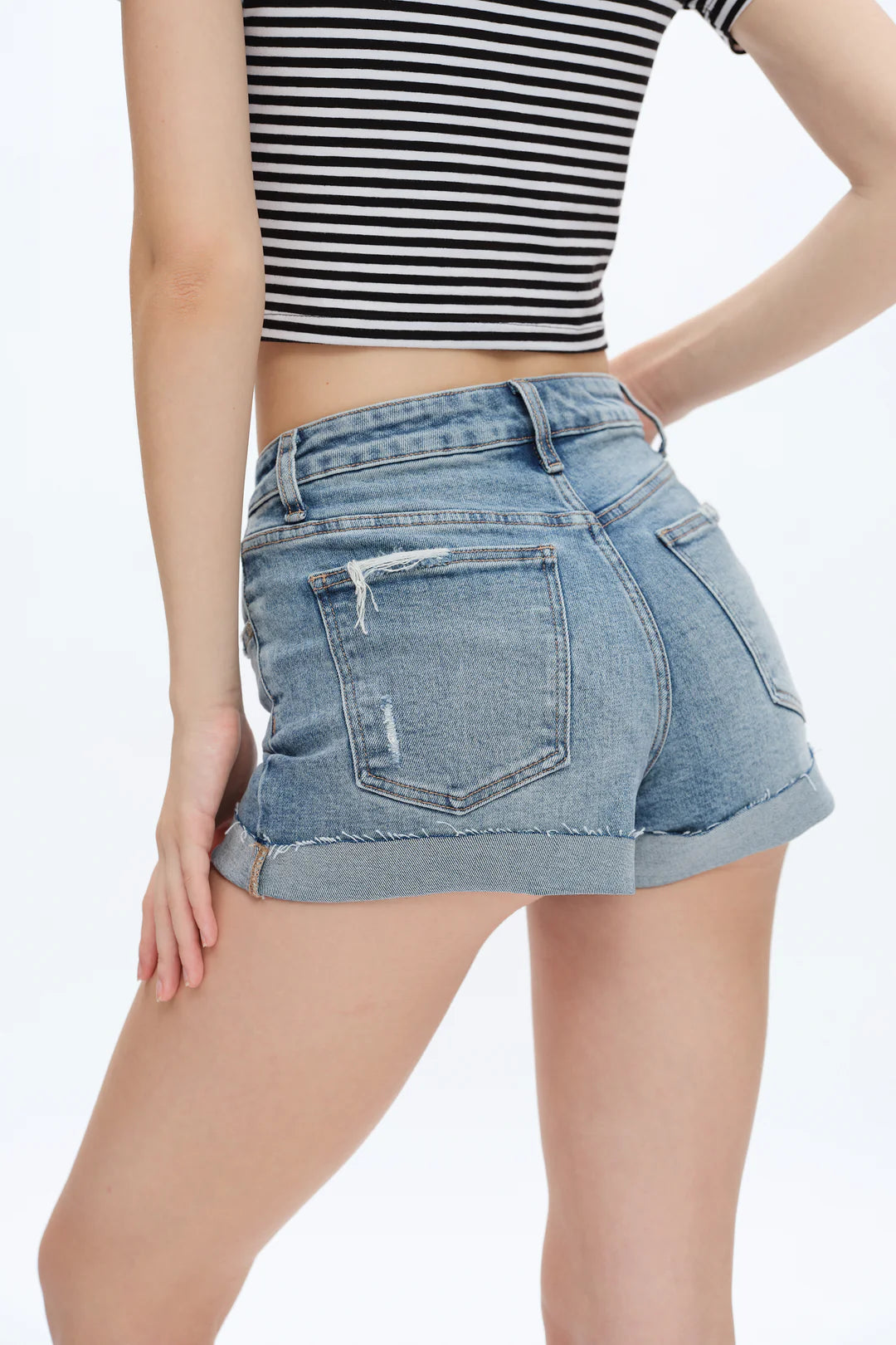 Mid Rise Distressed Rolled Hem Denim Shorts