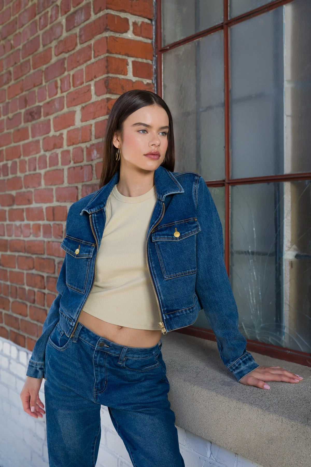 Nyre Long Sleeve Crop Denim Top