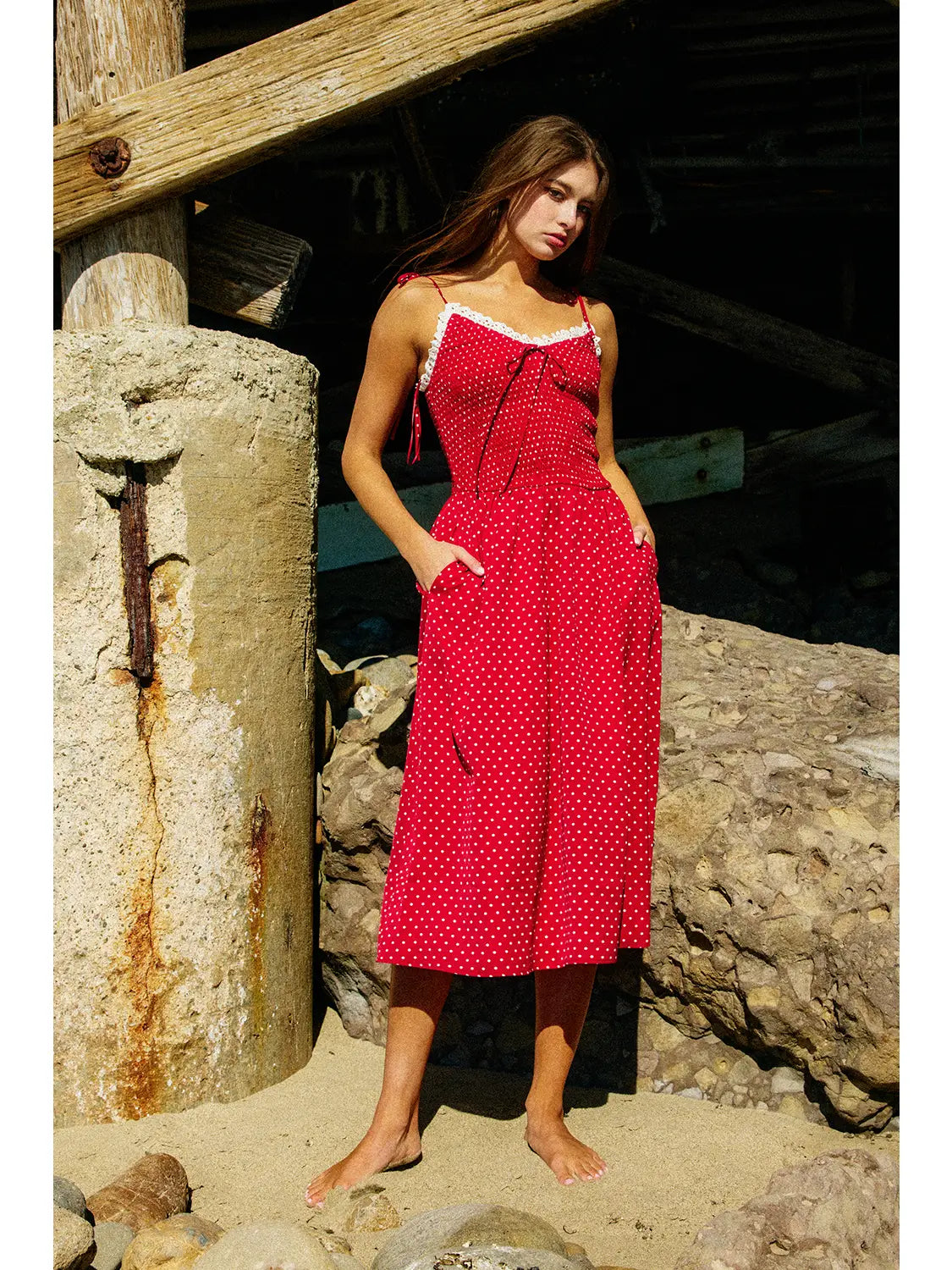 Smoked Bodice Polka Dot Midi Dress