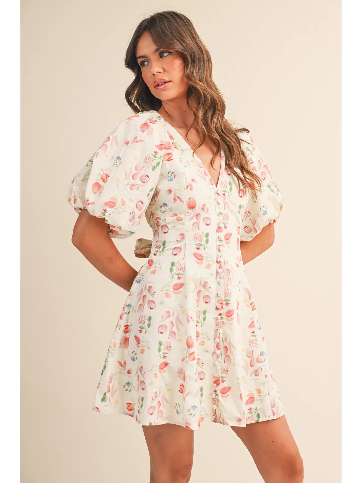 Floral Puff Sleeve Button Down Flare Mini Dress