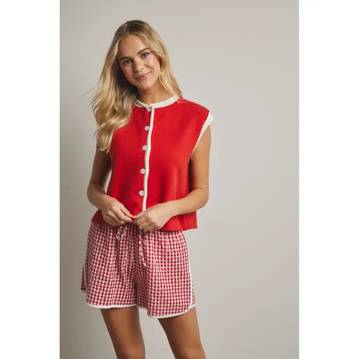 Red White Contrast Button-Up Sweater Vest