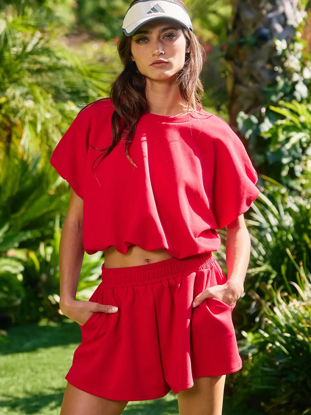 Scuba Bubble Hem & Sleeve Solid Crop Top