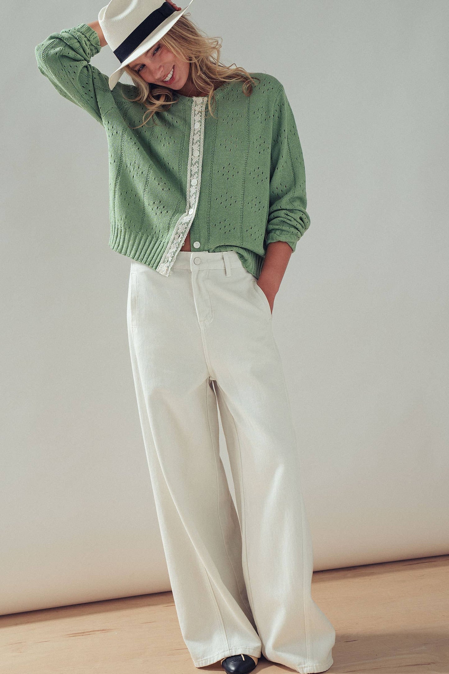 Pointelle Knit Lace Trim Cardigan