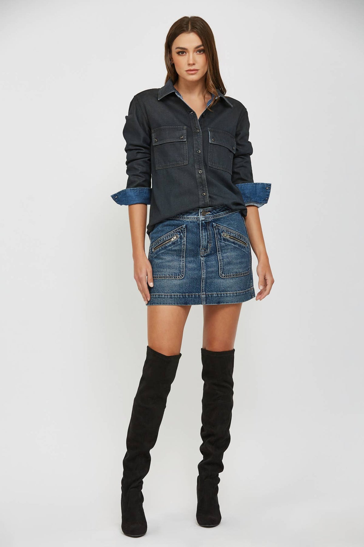 Dark Wash Front Patch Zipper Pockets Mid Rise Mini Skirt