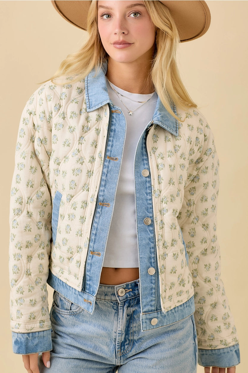 Floral Print Quilted Denim Jacket