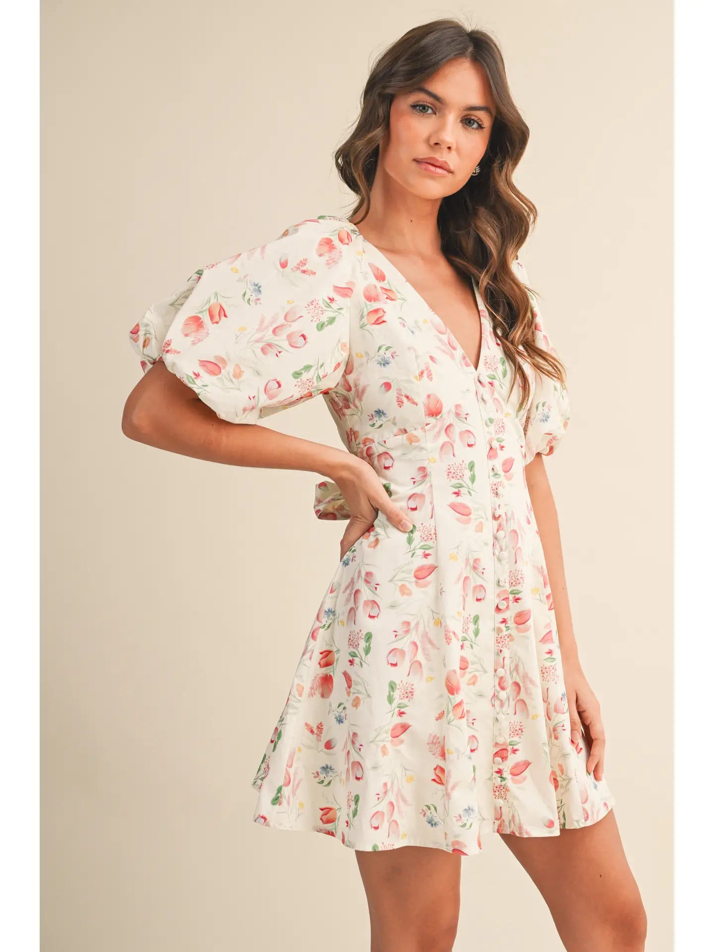 Floral Puff Sleeve Button Down Flare Mini Dress