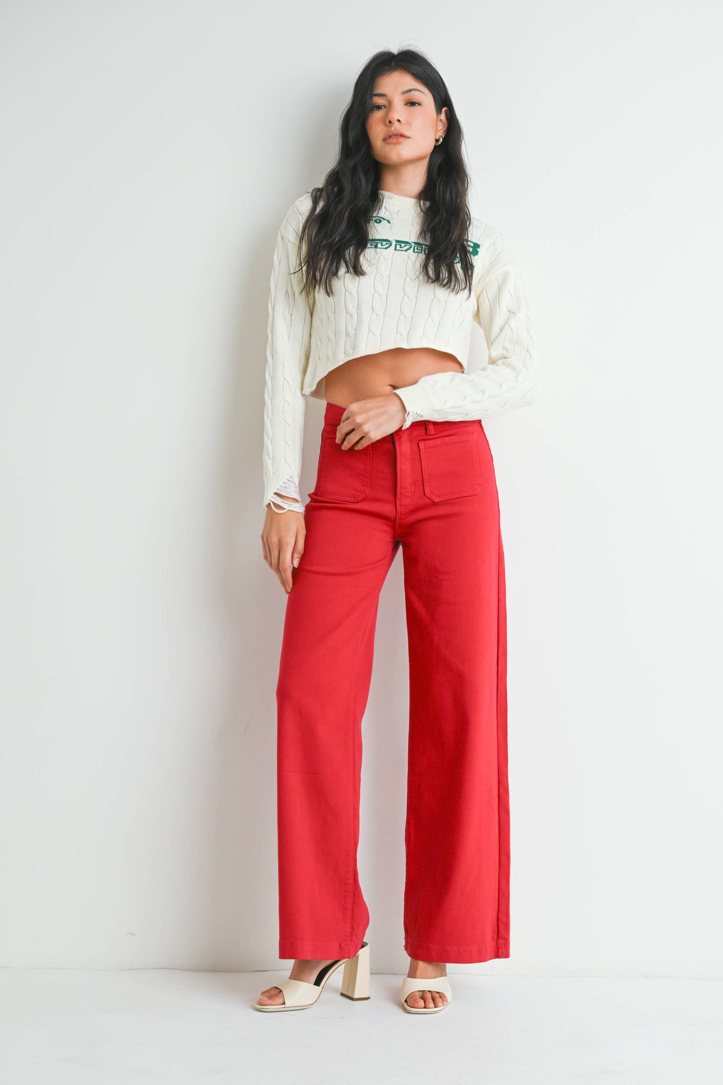 Red Mini Patch Pocket Wide Leg