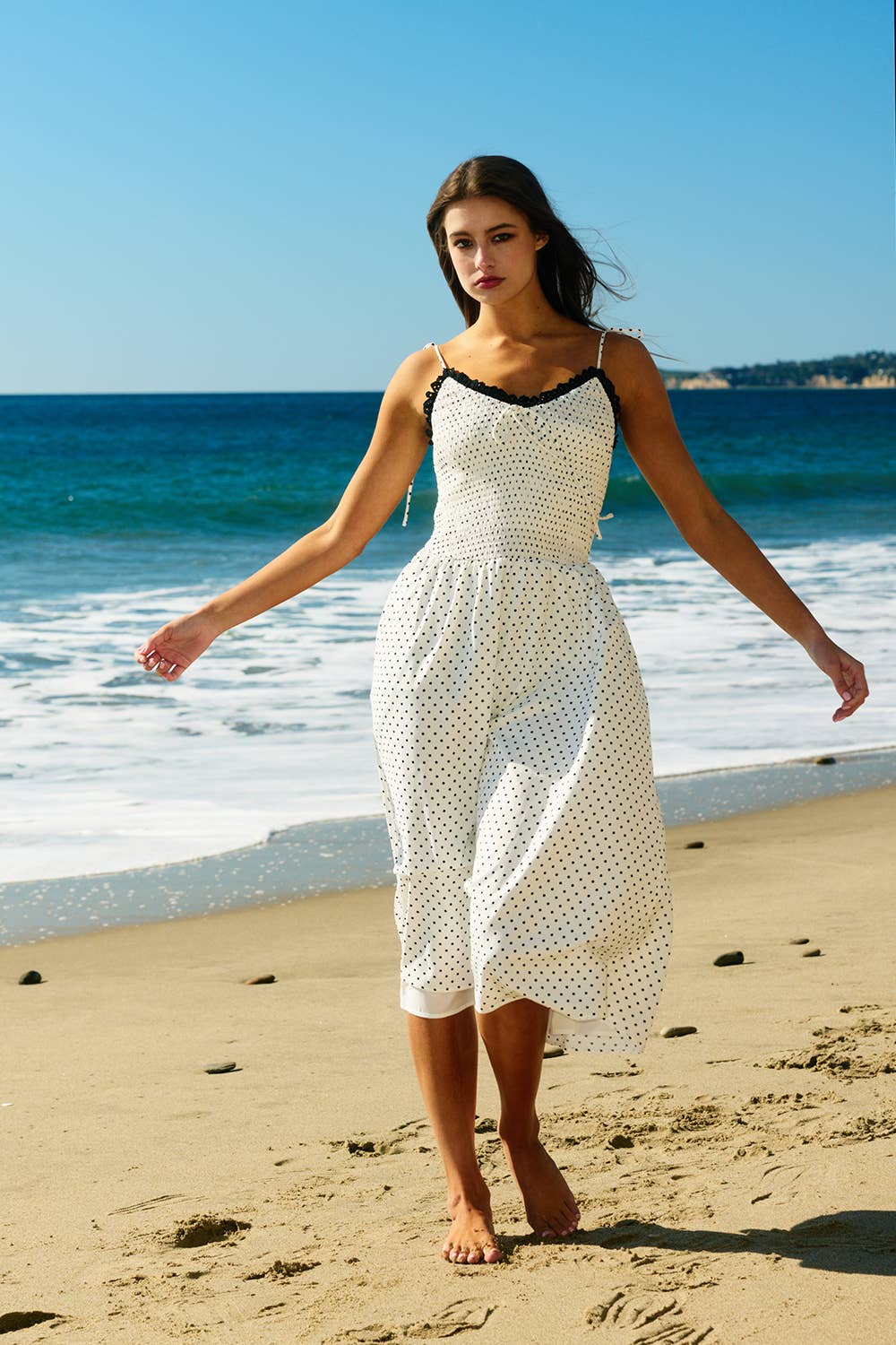 Smoked Bodice Polka Dot Print Midi Dress