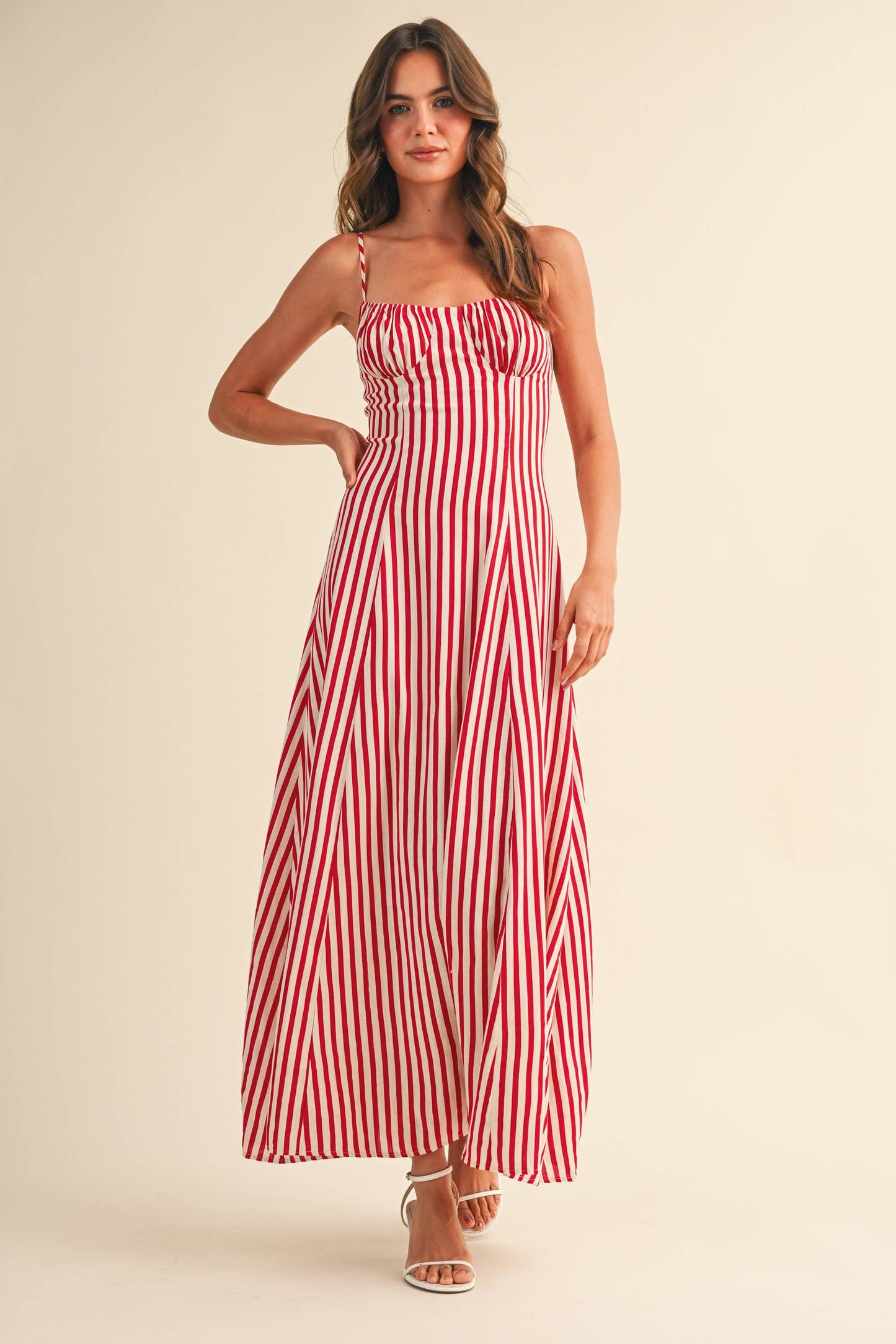 STRIPED BUSTIER SLEEVELESS FLARED MAXI DRESS