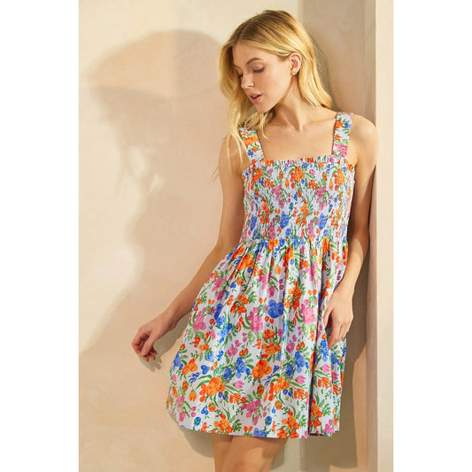 FLOWER PRINT SMOCKED SLEEVELESS MINI DRESS