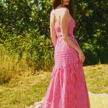 Check Print Smocked Bodice Maxi Dress