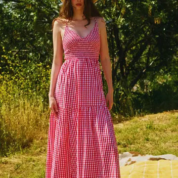 Check Print Smocked Bodice Maxi Dress