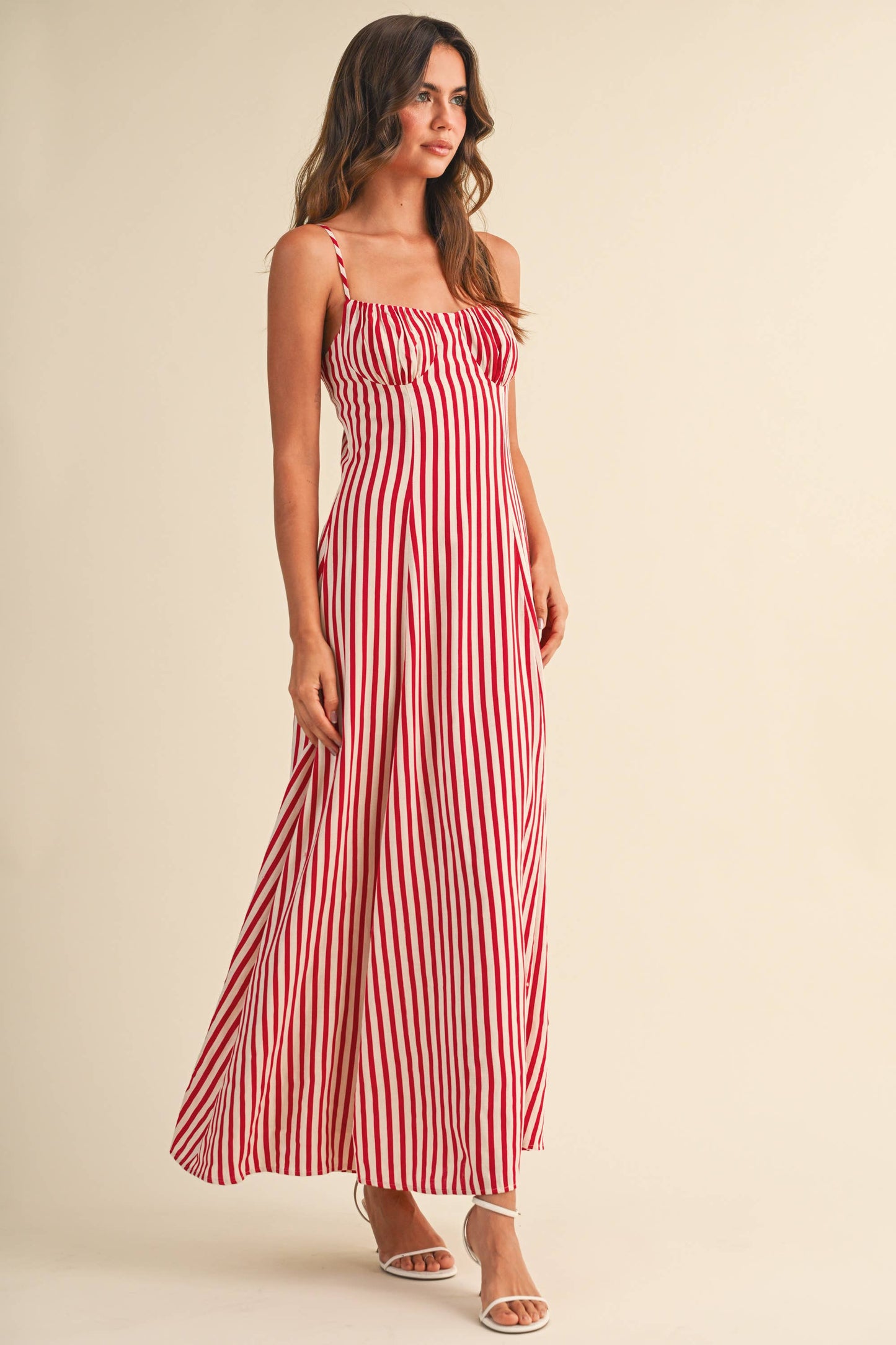 STRIPED BUSTIER SLEEVELESS FLARED MAXI DRESS
