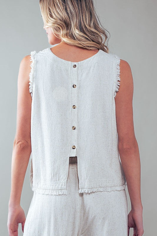 Frayed Trim Back Button Top