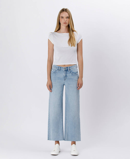 HIGH RISE LIGHT WASH RAW HEM WIDE LEG