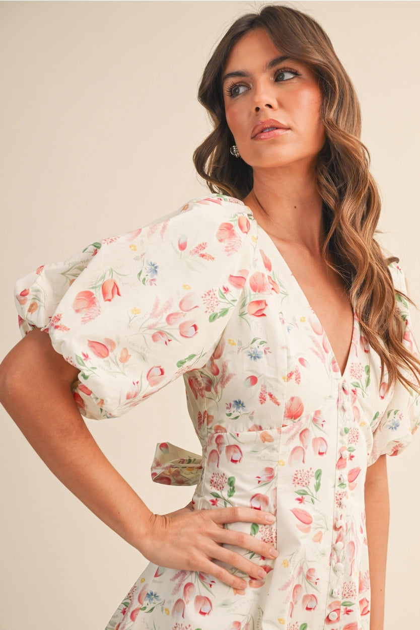 Floral Puff Sleeve Button Down Flare Mini Dress