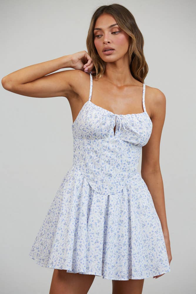 Blooming Corset Tie-Front Flare Mini Dress