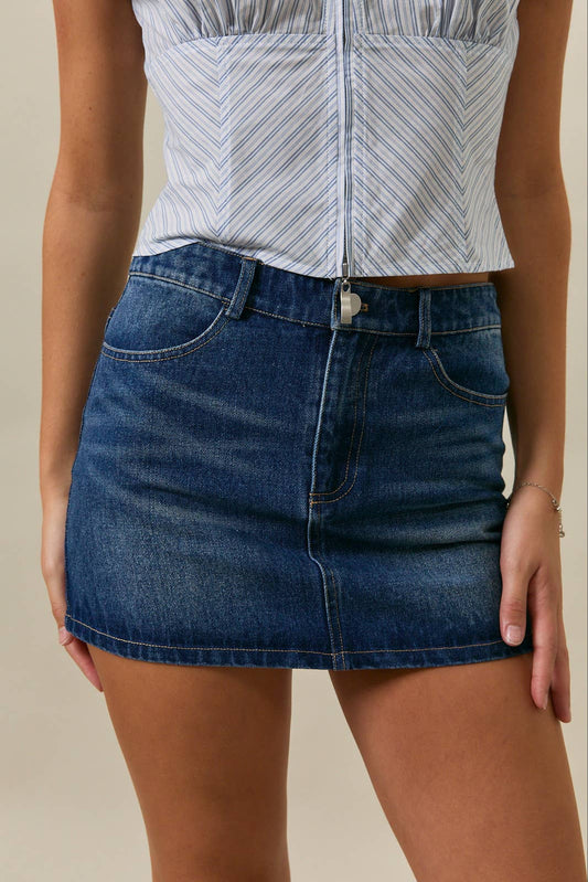 MID WAISTED WASHED DENIM MINI SKIRT
