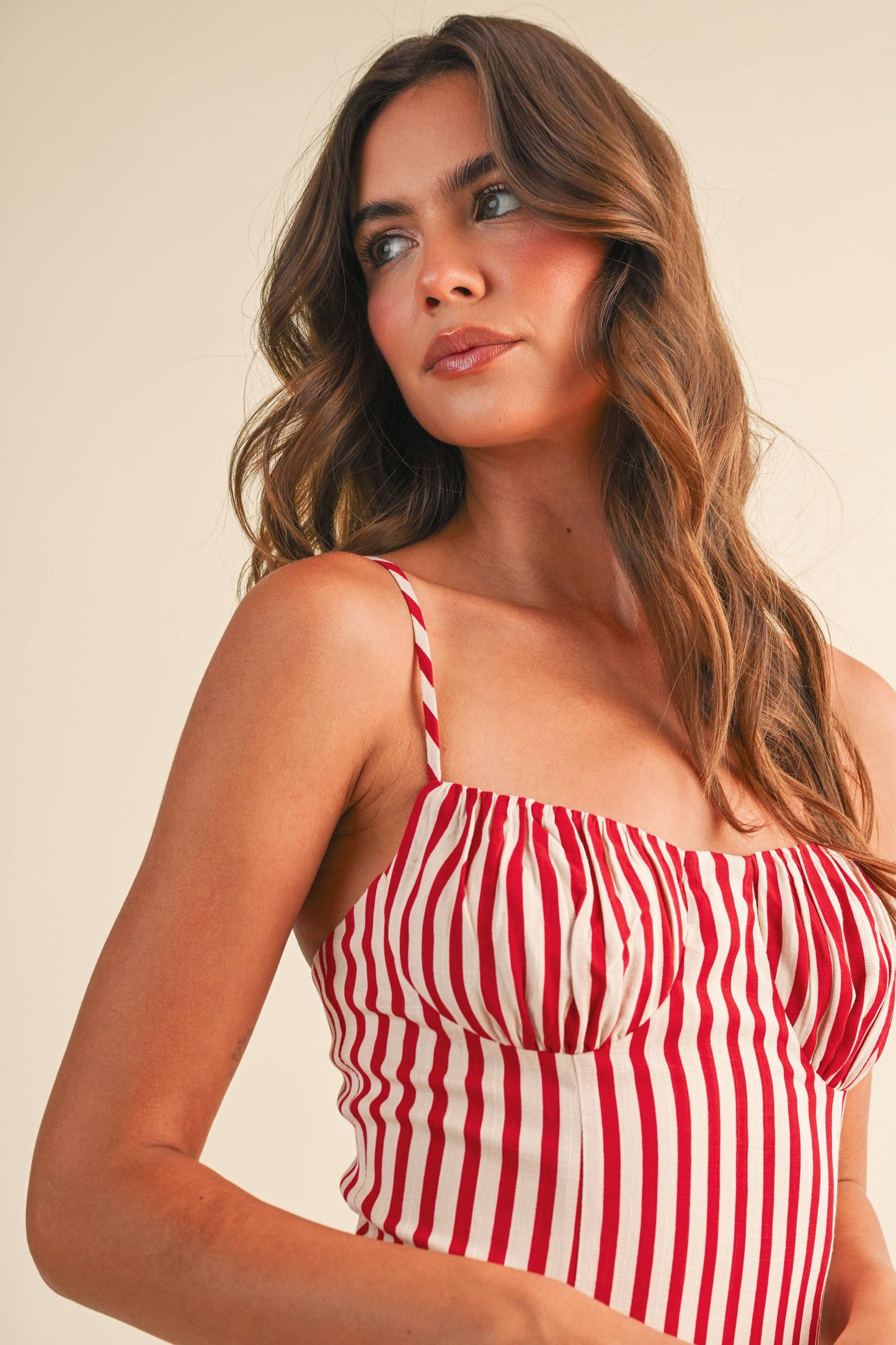 STRIPED BUSTIER SLEEVELESS FLARED MAXI DRESS