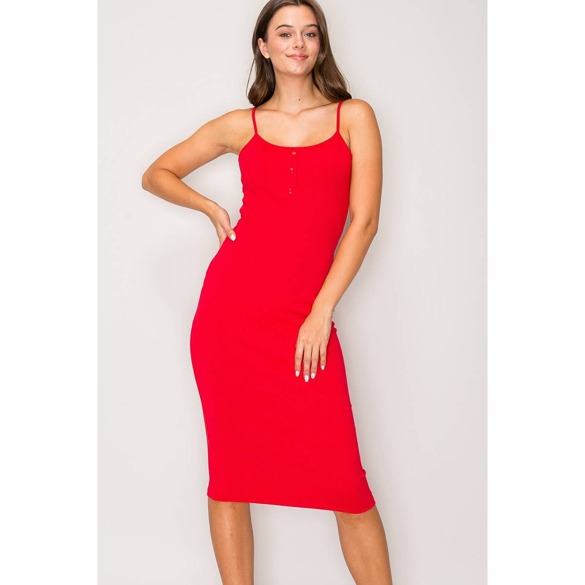 Buttoned Spaghetti Strap Ribbed Bodycon Midi Dress