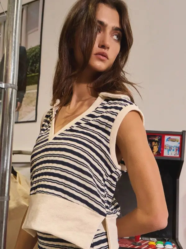 Sleeveless Collared Striped Top