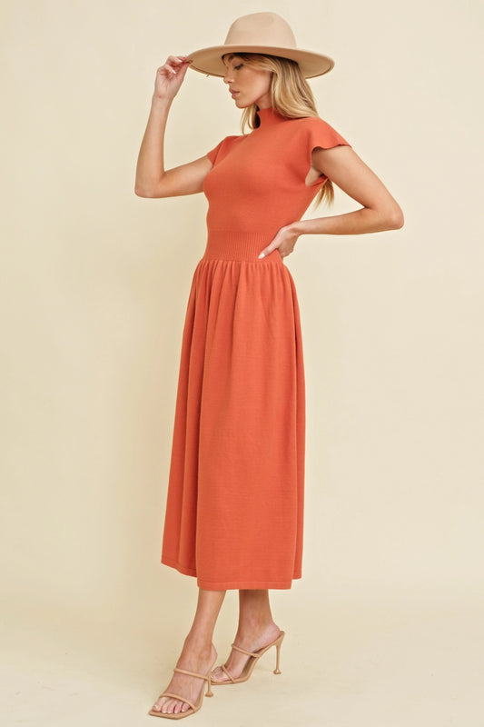Mock Neck Stretch Waistband Maxi Dress