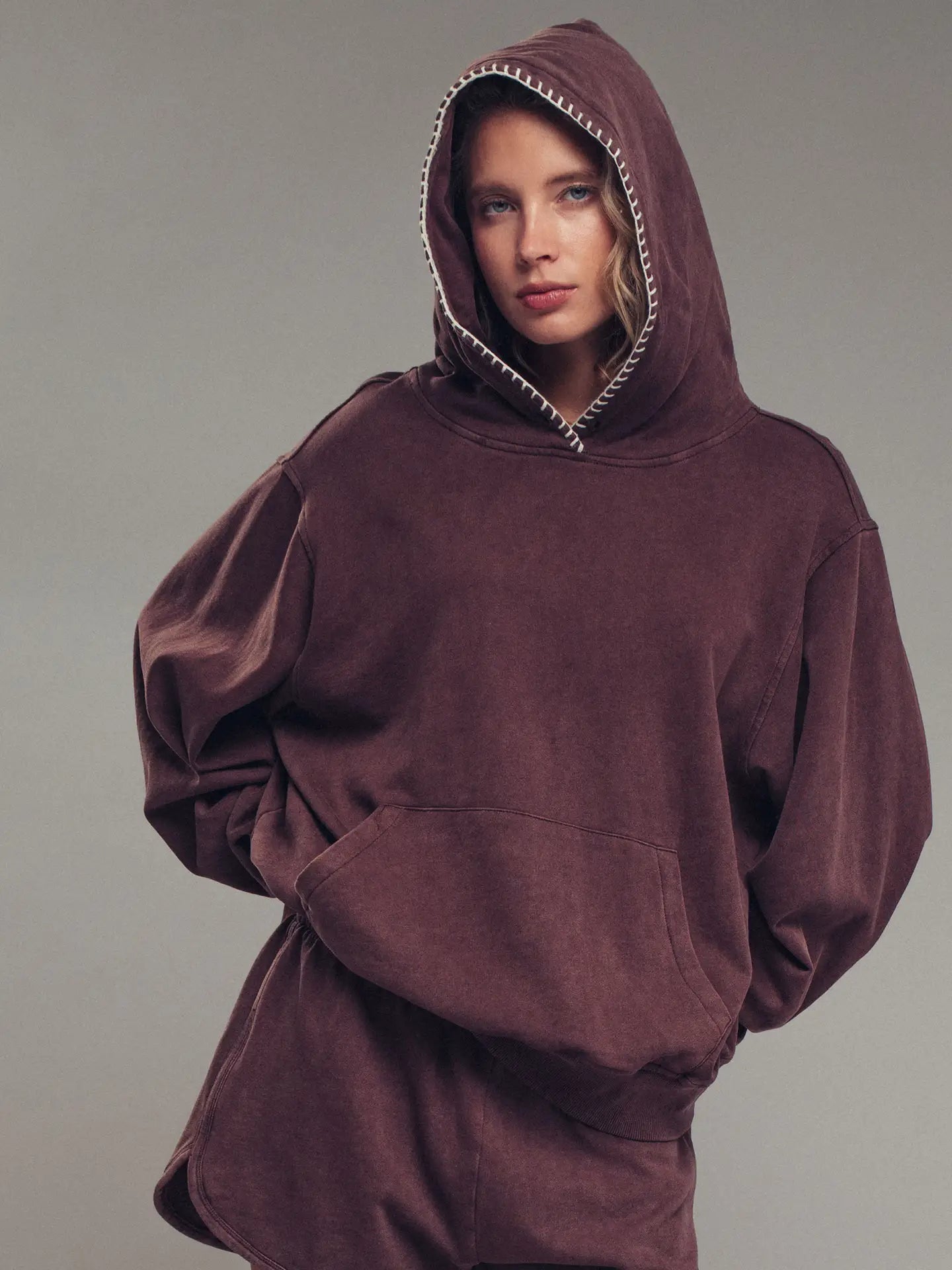 Vintage-Wash Crochet Trim Hooded Sweatshirt