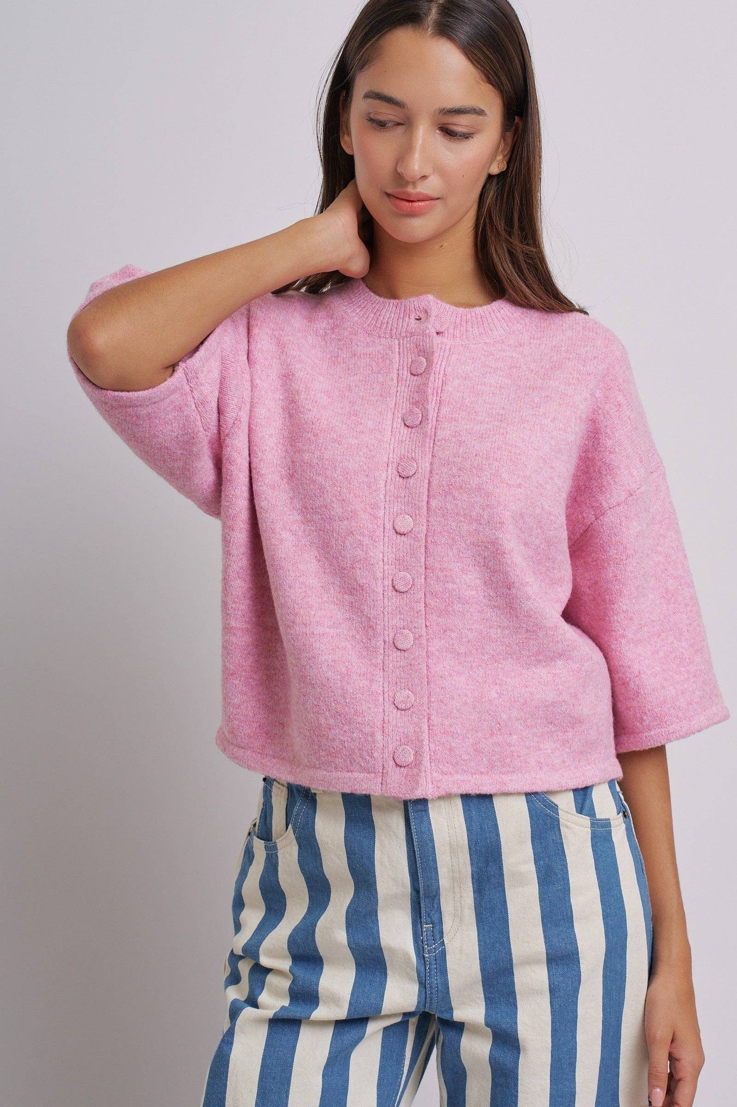Cropped Knit Button-Front Cardigan Dropped Shoulder