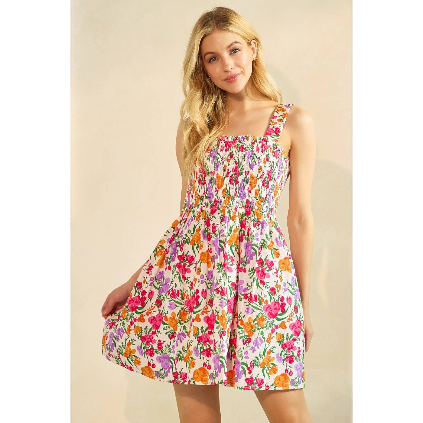 FLOWER PRINT SMOCKED SLEEVELESS MINI DRESS
