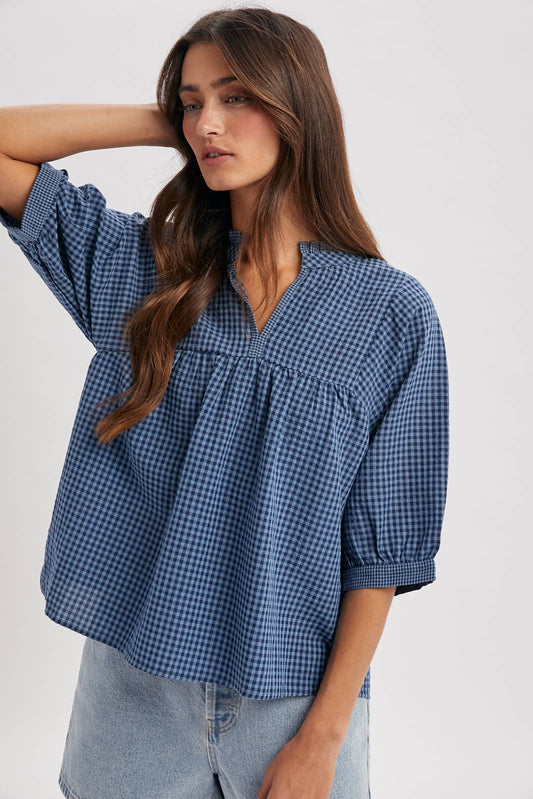 PLAID MOCK NECK BLOUSE