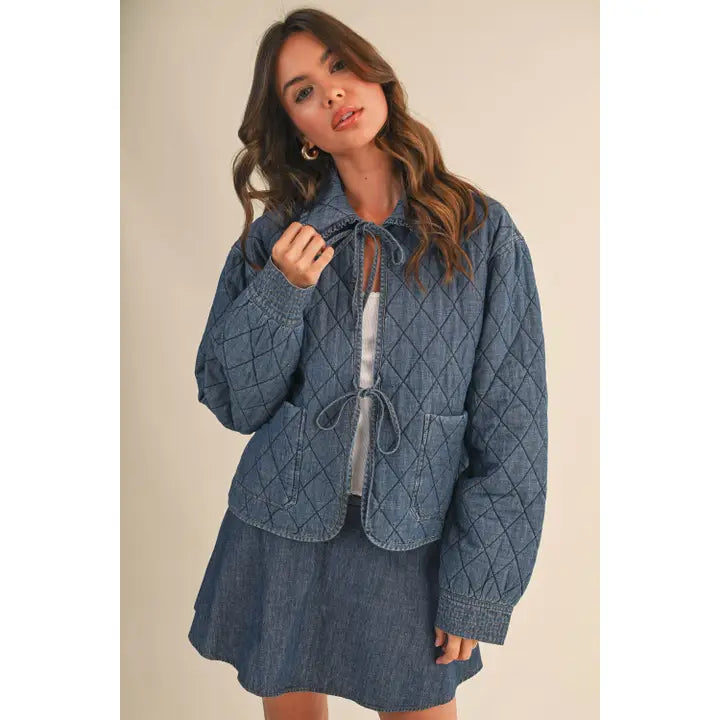 Denim Ruffled Collar Quilted Jacket