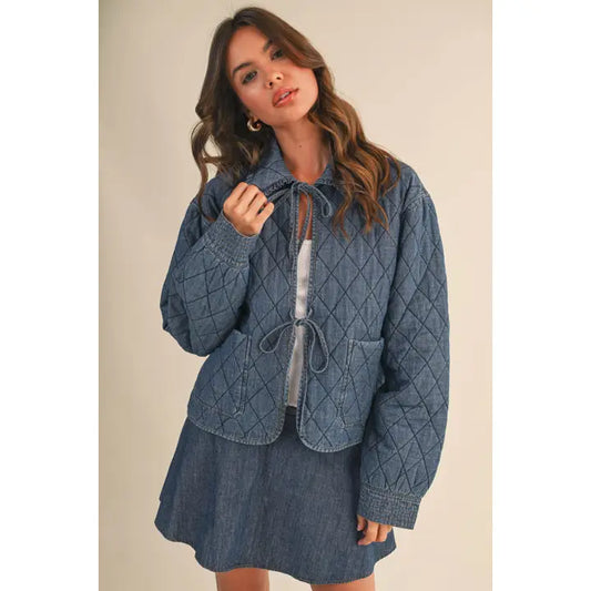 Denim Ruffled Collar Quilted Jacket