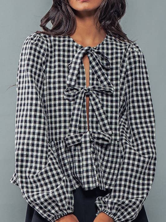 Gingham Babydoll Bow Tie Top