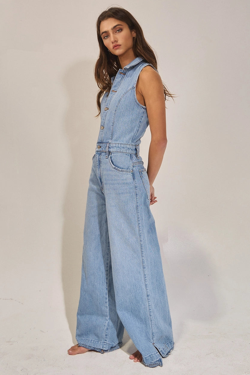 Collared Wide Leg Denim Jumpsuit