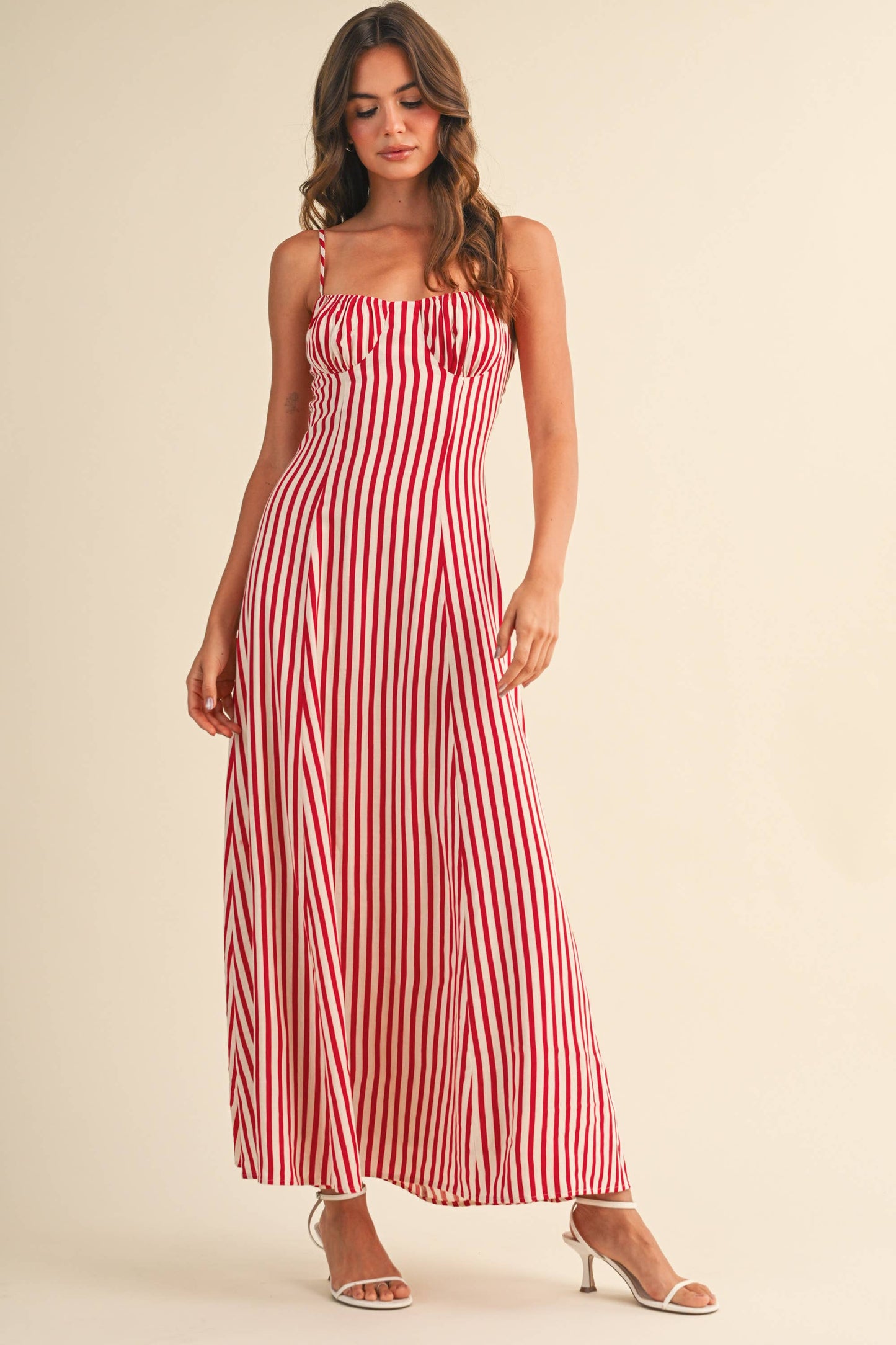 STRIPED BUSTIER SLEEVELESS FLARED MAXI DRESS