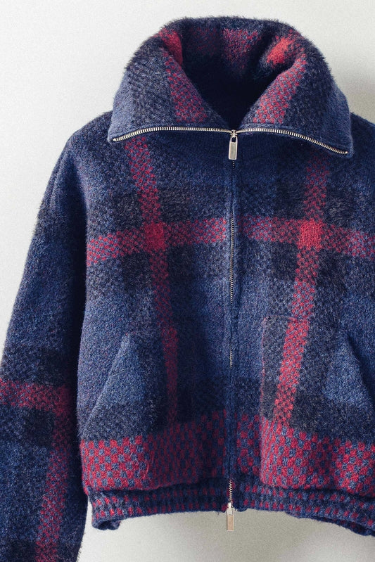 Plaid Wool-Blend Zip Jacket