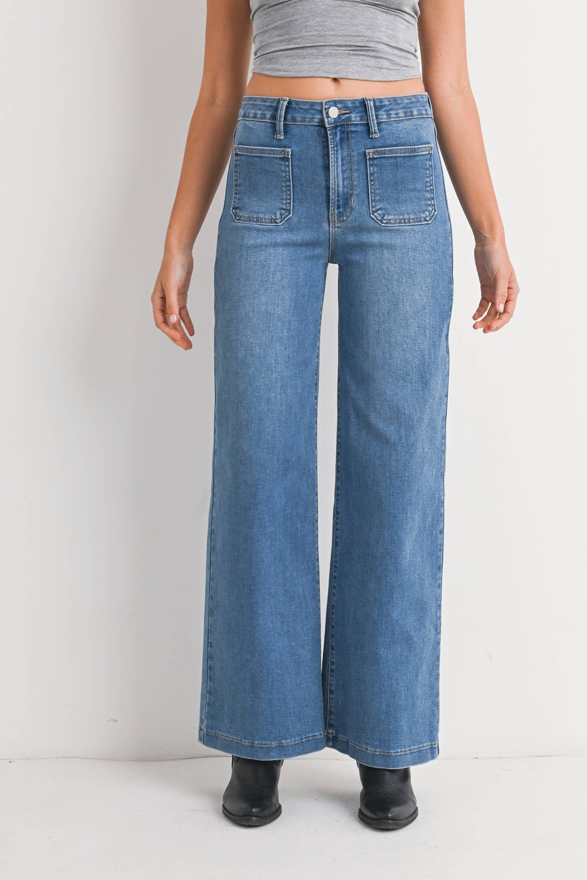 Medium Denim Mini Patch Pocket Wide Leg