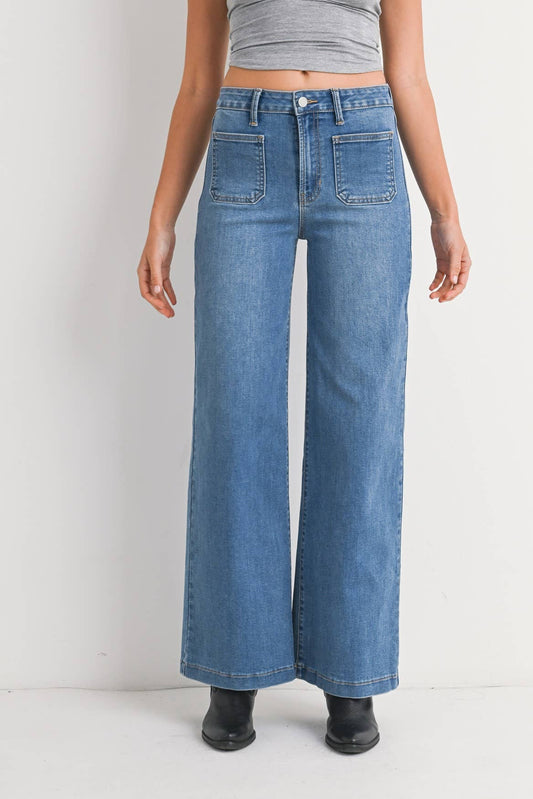 Medium Denim Mini Patch Pocket Wide Leg