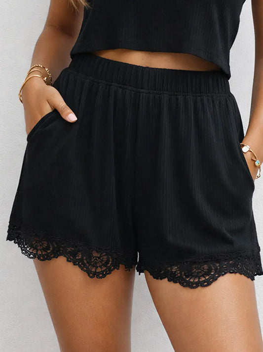 Ribbed Knit Lace Trim Shorts