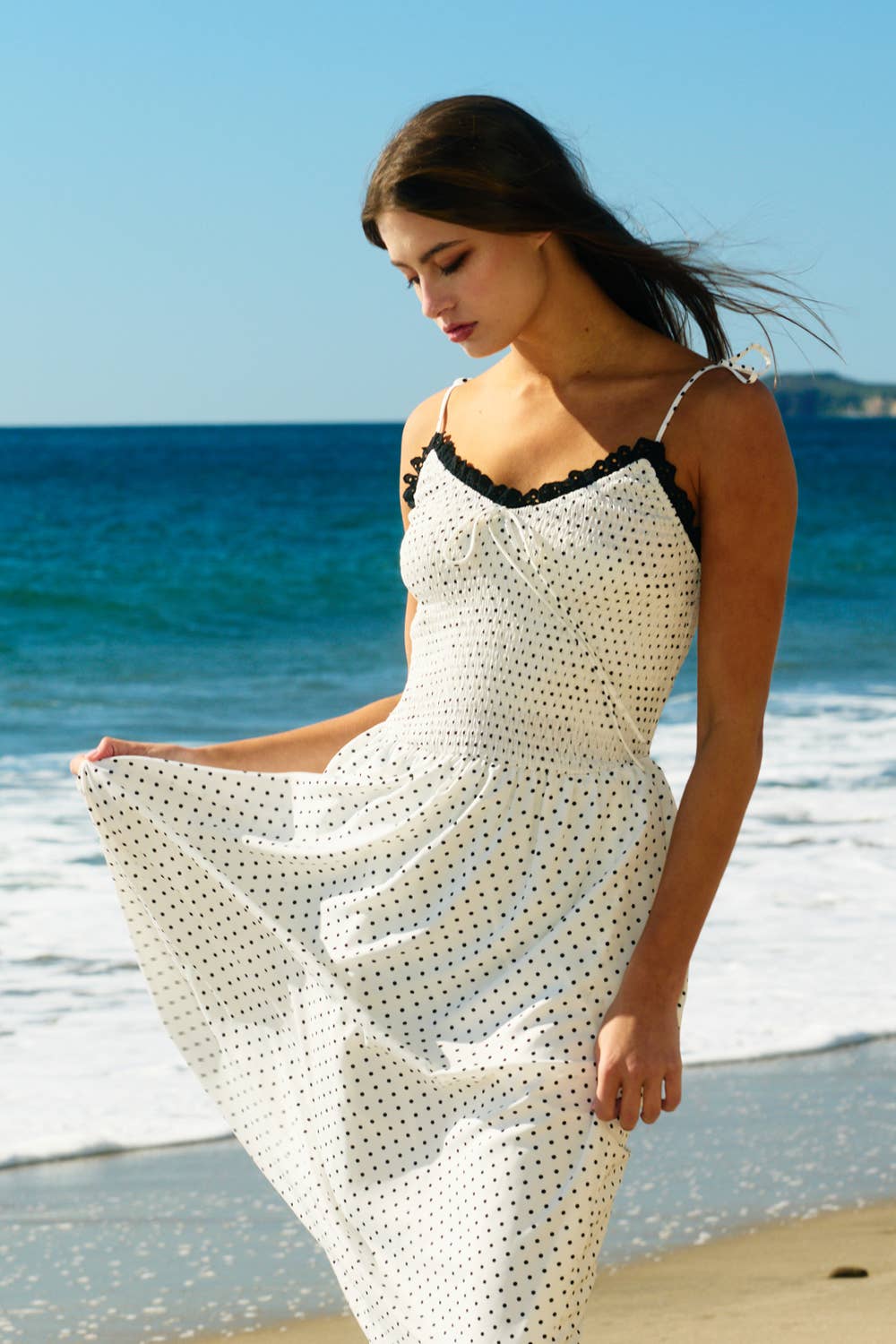 Smoked Bodice Polka Dot Print Midi Dress