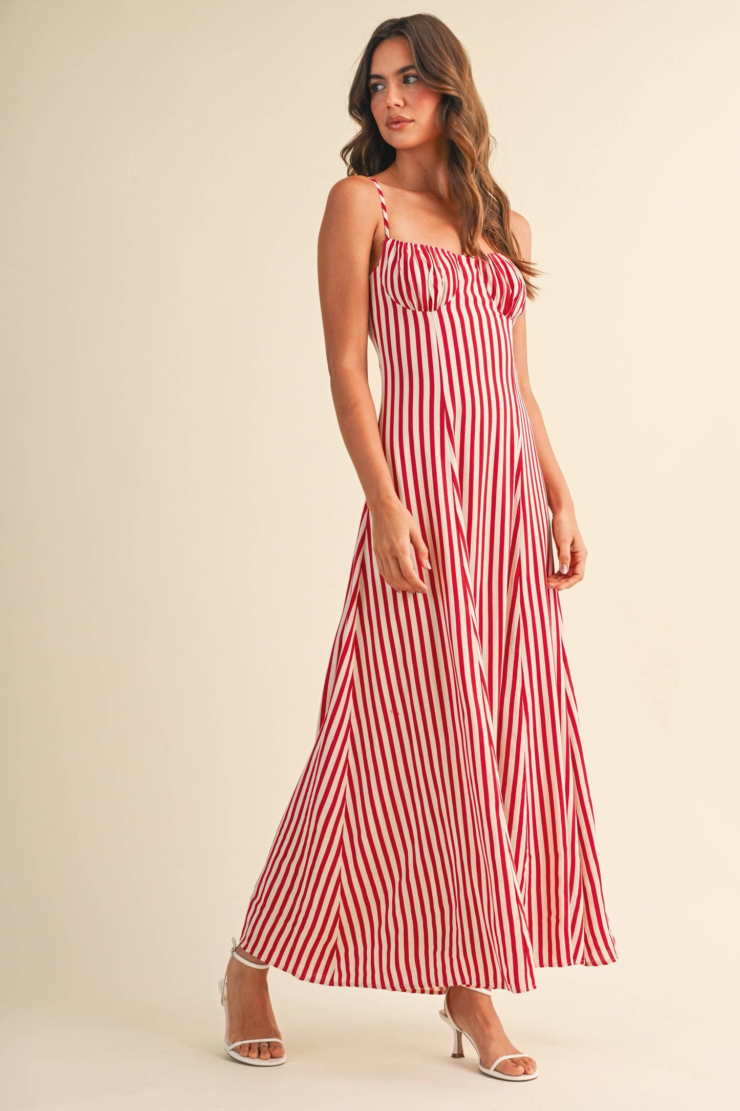 STRIPED BUSTIER SLEEVELESS FLARED MAXI DRESS