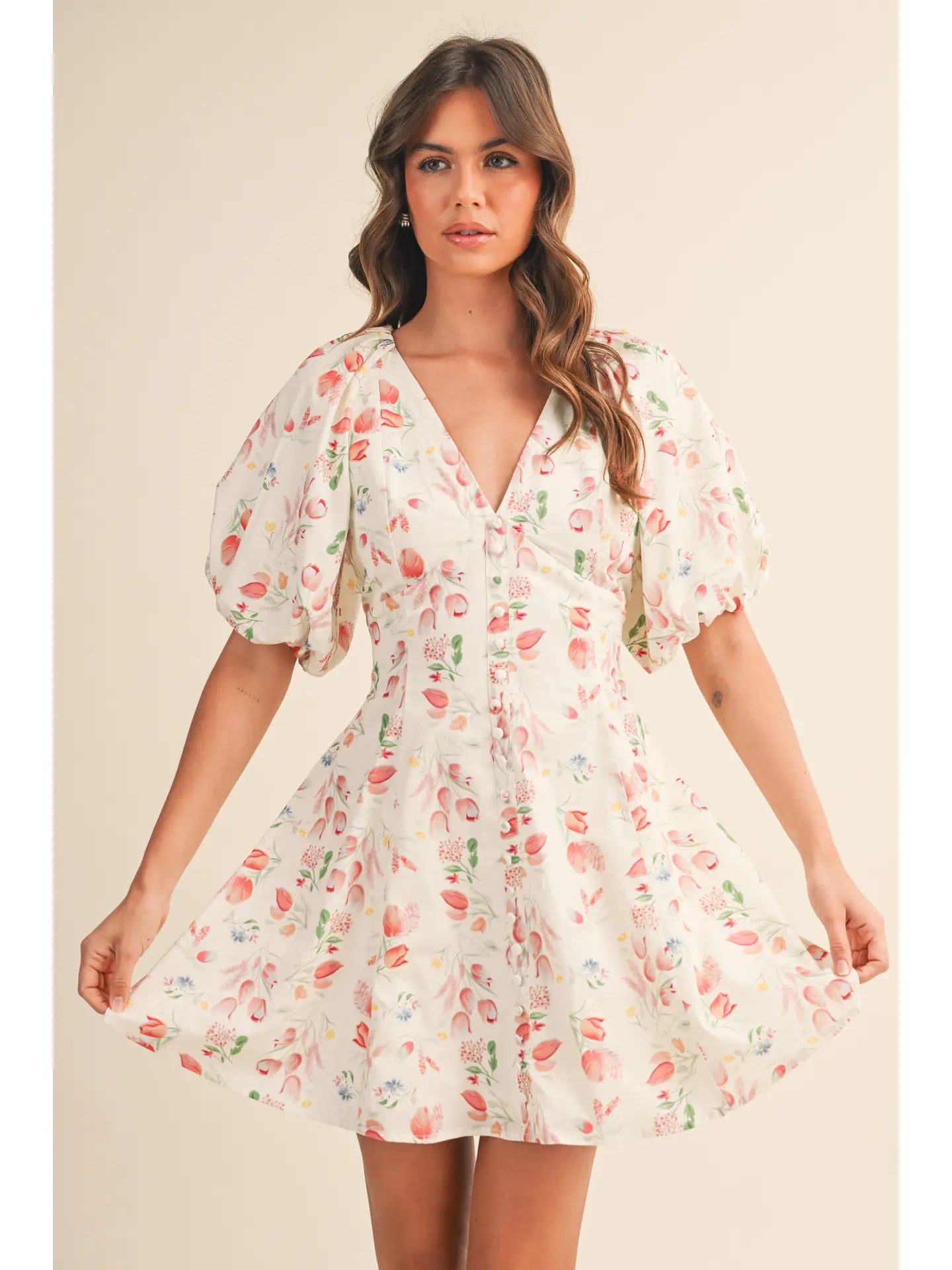 Floral Puff Sleeve Button Down Flare Mini Dress