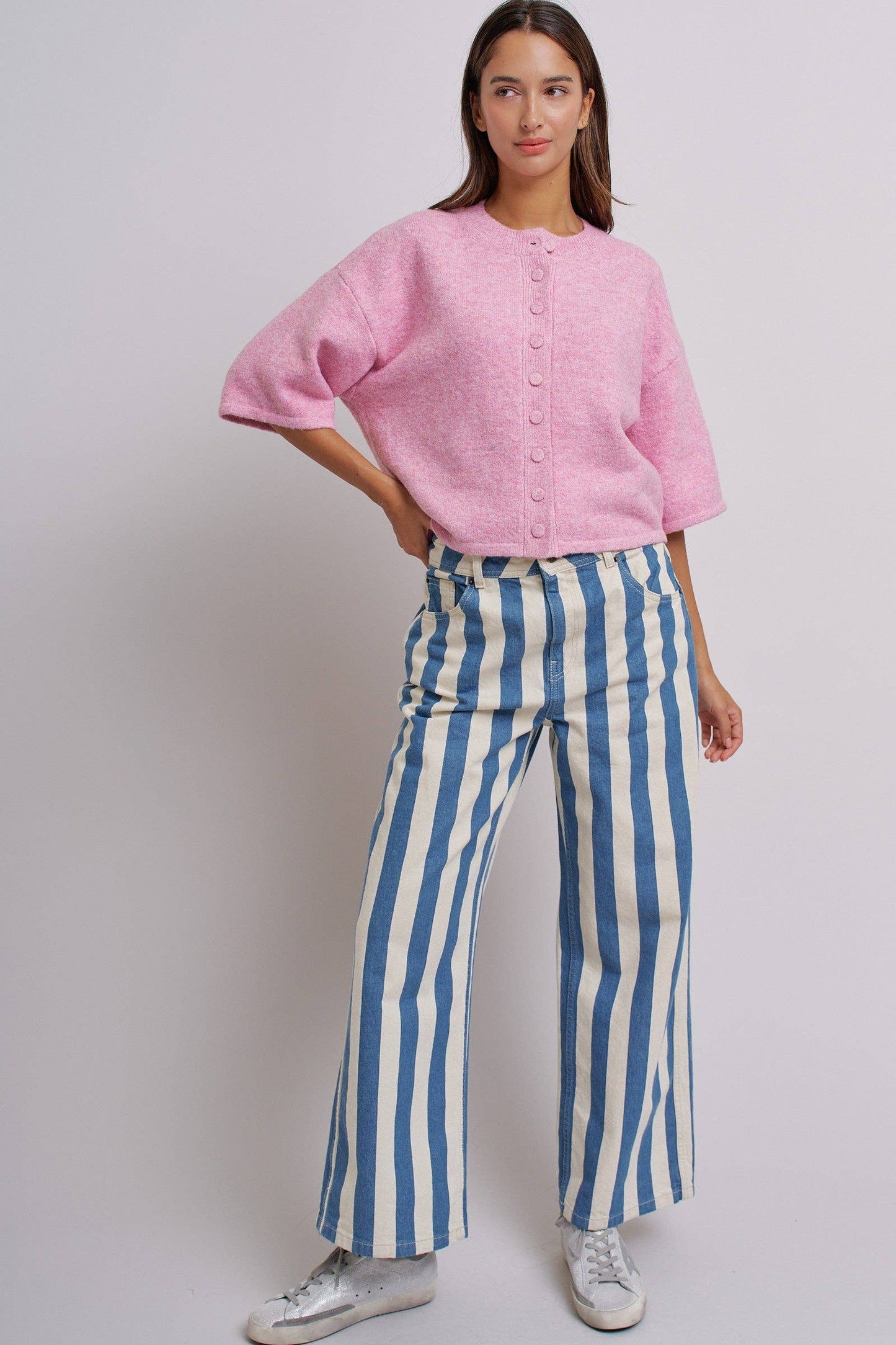 Cropped Knit Button-Front Cardigan Dropped Shoulder