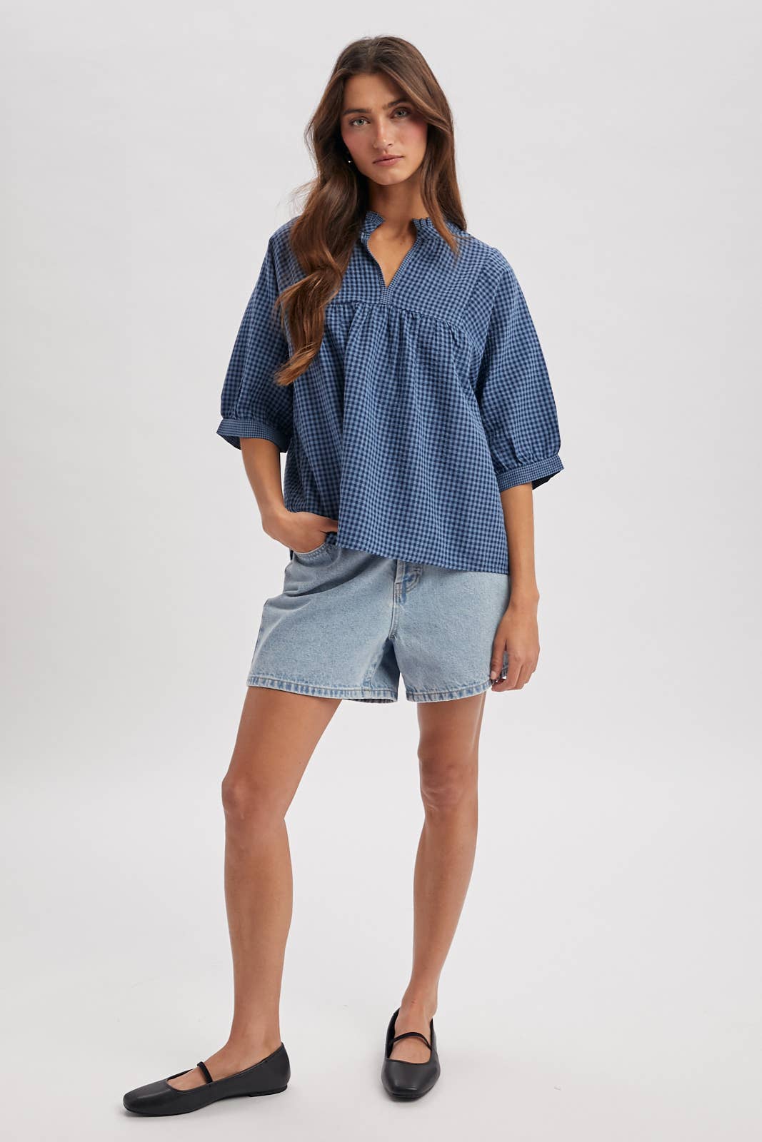PLAID MOCK NECK BLOUSE