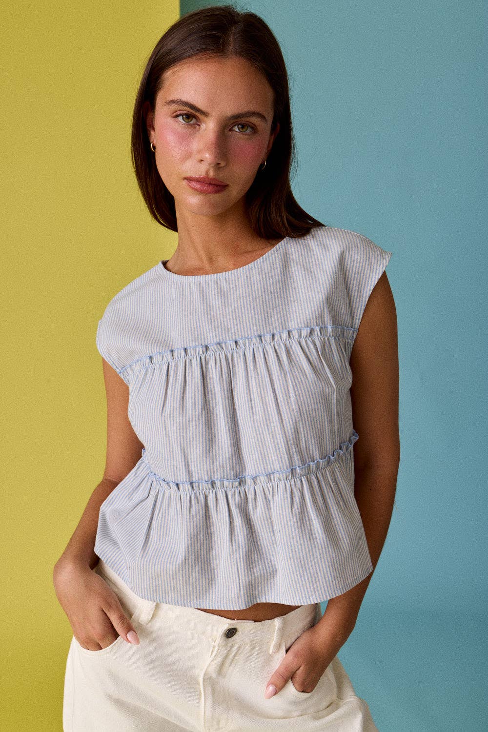 Tiered Seam Stripe Sleeveless Top