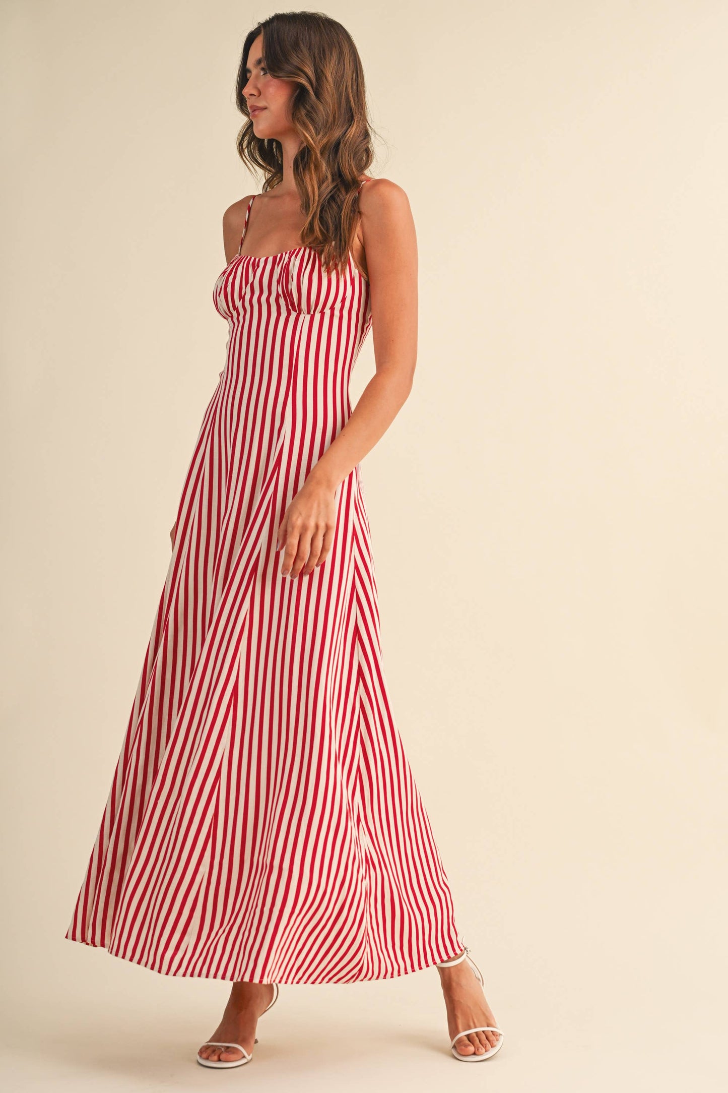 STRIPED BUSTIER SLEEVELESS FLARED MAXI DRESS
